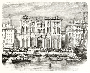 Old front view of Marseille City Hall France. Ancient building viewed from the water crowded with boats and people. By unidentified author publ. on Magasin Pittoresque Paris 1848