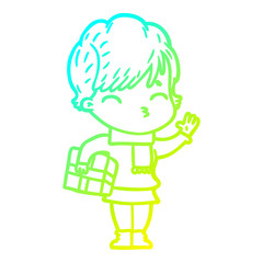 cold gradient line drawing cartoon woman thinking