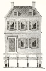 Front facade of a house builded on a wooden platform allowing the motion. Old illustration of mobile home in the United States. By unidentified author publ. on Magasin Pittoresque Paris 1848