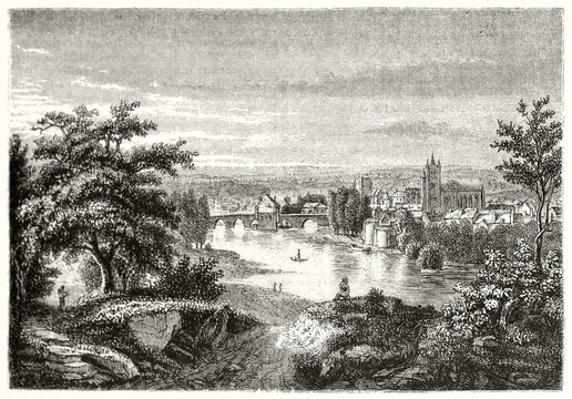 Natural landscape context with lush vegetation, Canal and medieval town far on background. Old view of Moret-sur-Loing France. By unidentified author publ. on Magasin Pittoresque Paris 1848