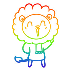 rainbow gradient line drawing laughing lion cartoon in winter clothes