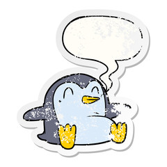 cartoon penguin and speech bubble distressed sticker