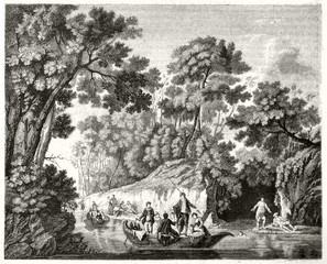 Old illustration depicting people on boat along a small river in a lush nature context in a landscape rich of forest vegetation. After Pillement publ. on Magasin Pittoresque Paris 1848