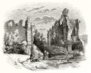 Couple of small people alone near to the ruins of an ancient abbey surrounded by the nature. Old view of Orval Abbey ruins Belgium. By unidentified author publ. on Magasin Pittoresque Paris 1848