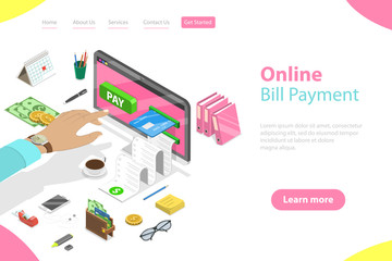 Flat isometric vector landing page template of bill payment, shopping, online banking, accounting, bank transaction.