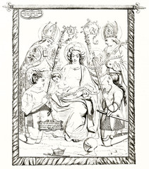 Ancient kings praying on their knee to the holy mother holding her child between two popes. Reproduction of Jeanne of Arc old processional flag. By unidentified author, Magasin Pittoresque Paris 1848