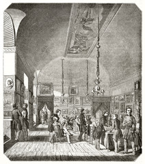 Ancient elegant aristocratic people in a large reading hall. Old etching style vertical illustration of French Society in Rome. By unidentified author publ. on Magasin Pittoresque Paris 1848