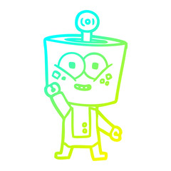 cold gradient line drawing happy cartoon robot waving hello