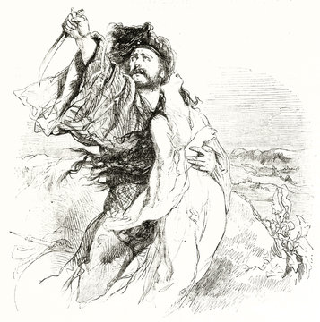 Ancient bad bearded soldier holding a dagger and raping brutally a helpless woman outdoor. Old etching style illustration by Gavarni publ. on Magasin Pittoresque Paris 1848