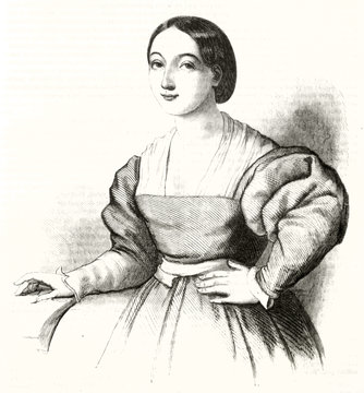 Old engraved style half body portrait of a beautiful woman posing with simple medieval dresses. Supposed to be Raphael's mother. By unidentified author publ. on Magasin Pittoresque Paris 1848