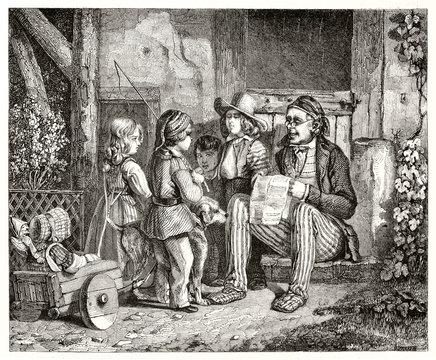 Old man reading news to children seated outdoor. Very detailed etching style illustration with a mirable hatching. By Charlet publ. on Magasin Pittoresque Paris 1848