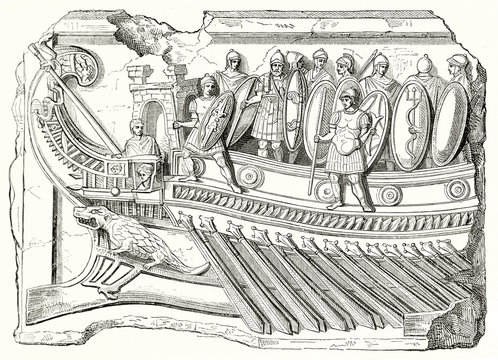 Reproduction of antique Roman bas-relief found in Palestrina (Praeneste) Rome depicting a roman legion on board of a trireme, war vessel. Publ. on Magasin Pittoresque Paris 1848