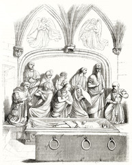 Ancient reproduction of the religious statues in St-Jean-Baptiste sepulcher in the homonym basilica in Chaumont France. By unidentified author publ. on Magasin Pittoresque Paris 1848