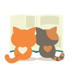 A twin cat reading a big book. A cute character of cat with a book. Cute flat vector design style.I love reading. text on paper.in the library. cute flat vector style