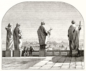 Rome panoramic view from the  Saint Peter's basilica large terrace. Back view of high statues of apostoles close to small people. Etching style illustration by Frappaz, Magasin Pittoresque Paris 1848
