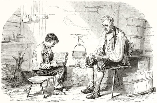Ancient boy studying on a book in front of a old man both seated on their stools in a stable. Engraving style grayscale illustration by Girardet publ. on Magasin Pittoresque Paris 1848