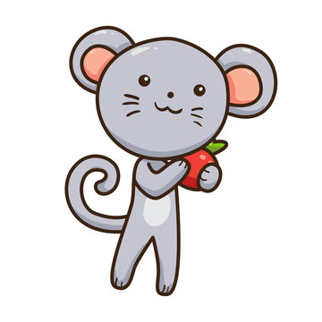 Vector illustration of cartoon mouse character isolated on white background. Symbol of chinese new year 2019. Mouse holding a fruit.
