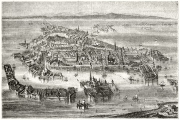 Overall bird eye view of Venice, Italy. Ancient italian city surrounded by the waters of the lagoon. By Freeman and Quartley after Galibert publ. on Magasin Pittoresque Paris 1848