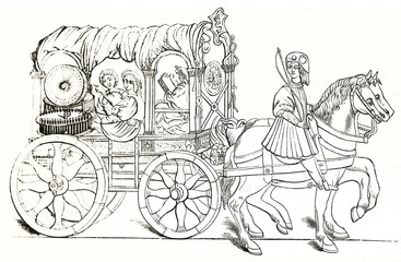Ancient medieval device installed on a wagon dragged by horses. Old illustration depicting vitruvius odometer. Outline illustration by unidentified author publ. on Magasin Pittoresque Paris 1848