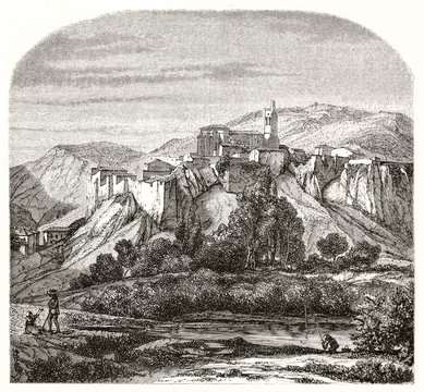 Ancient medievall fortress on top of a rocky hill surrounded by a natural landscape. Old grayscale etching illustration of Viviers France. By Bellel publ. on Magasin Pittoresque Paris 1848