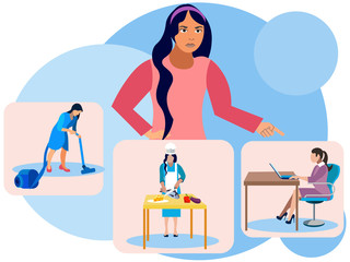 Fighting laziness. The girl points, shouts to herself to work, clean and cook food. In minimalist style. Cartoon flat vector