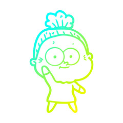 cold gradient line drawing cartoon happy old woman