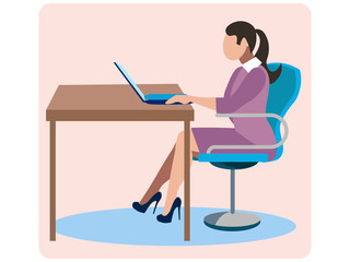 The girl at the desk. Work on the Internet. In minimalist style. Cartoon flat vector