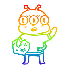 rainbow gradient line drawing cartoon three eyed alien waving