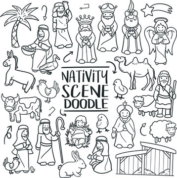 Nativity Scene Christmas  Traditional Doodle Icons Sketch Hand Made Design Vector