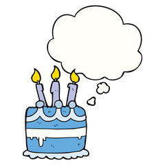 cartoon birthday cake and thought bubble