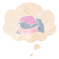 cartoon pillows and thought bubble in retro textured style