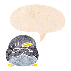 cartoon penguin and speech bubble in retro textured style