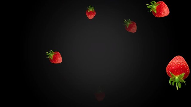Animation of strawberries flying against black background. Health concept
