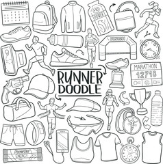 Runner Marathon Sport Traditional Doodle Icons Sketch Hand Made Design Vector 