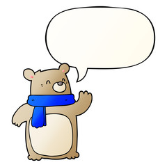 cartoon bear wearing scarf and speech bubble in smooth gradient style