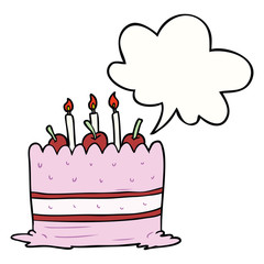 cartoon birthday cake and speech bubble