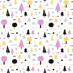 Forest vector seamless pattern with trees in yellow, violet and black colors on white background for summer holiday textile and clothing for kids