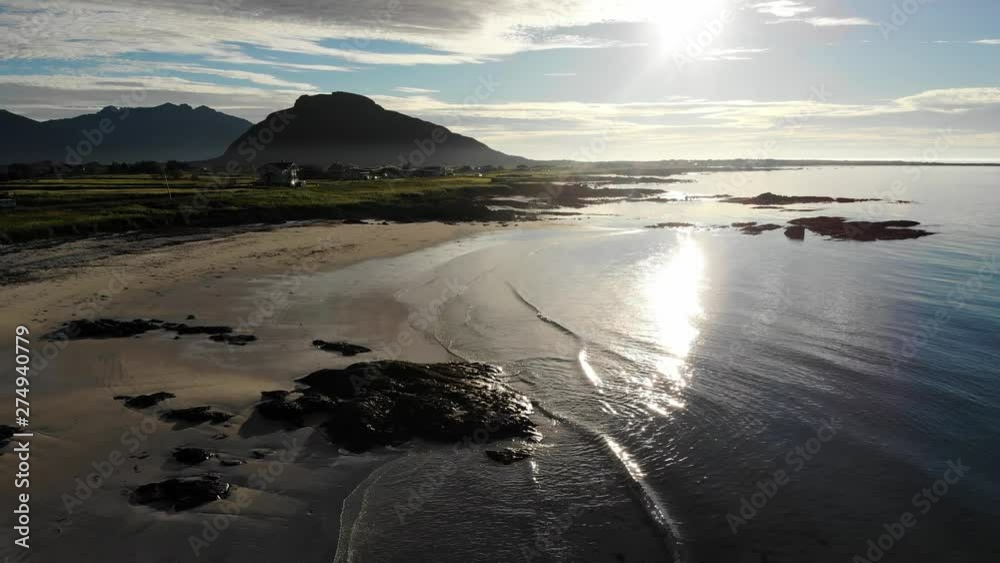 Wall mural coast of gimsoya island, seascape in gimsoysand in summer, midnight sun. nordland county, lofoten ar