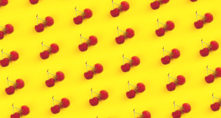 Double sweet cherries pattern on yellow background. Top view. Banner. Pop art design, creative summer food concept.