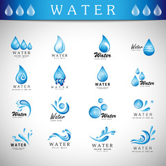 Water Splash Vector And Drop Icons Set - Isolated On Gray Background. Vector Illustration Collection Of Flat Water Splash And Drop Icons For Website, Label, Sticker, Logo Template And Bubble Design