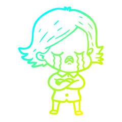 cold gradient line drawing cartoon girl crying