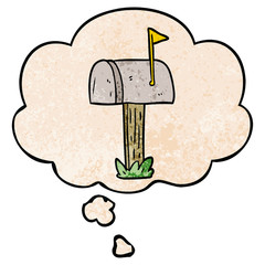 cartoon mailbox and thought bubble in grunge texture pattern style