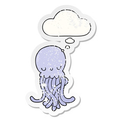 cute cartoon jellyfish and thought bubble as a distressed worn sticker