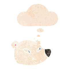 cartoon polar bear face and thought bubble in retro textured style