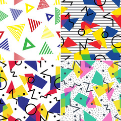 Set of four abstract seamless patterns in memphis style.