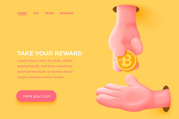Vector site banner concept - cartoon 3d realistic hand give golden bitcoin to other, with place for your text and button. Cryptocurrency landing template.