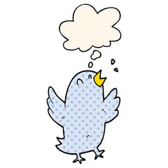cartoon bird singing and thought bubble in comic book style