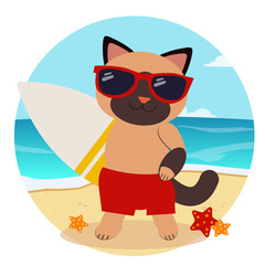 Cartoon happy cat holding a surfboard . Cute happy cat holding surfboard at the beach.Summer adventure. Cartoon vector illustration cat with surf. Funny cartoon cat with flat style