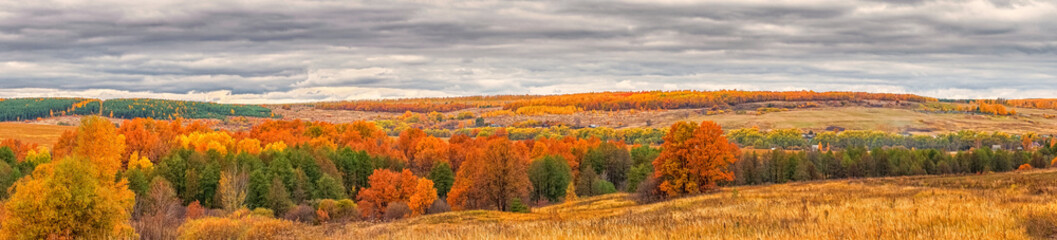 Picturesque autumn landscape in green and yellow colors. Panoramic view from hill to lowland with grove and field in cloudy day. Colorful autumnal nature, beautiful natural background