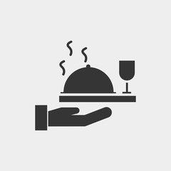 Cover food on hand icon. Kitchen icon. Restaurant icon. Waiter. New trendy art style cover food with hand graphic symbol vector illustration